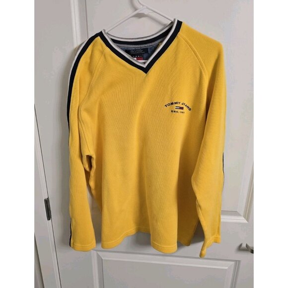 Vintage Tommy Hilfiger Sweater Mens XL Yellow Knit Pullover V-Neck - Picture 1 of 5